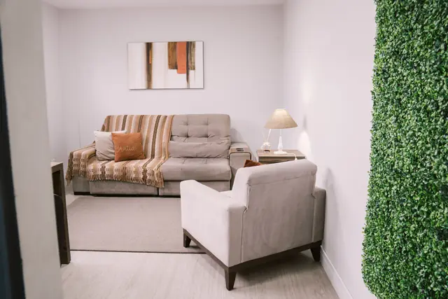 Sala 213 da Willtay Coworking em Brusque: sofá, poltrona, luminária e parede verde, com mesa de trabalho